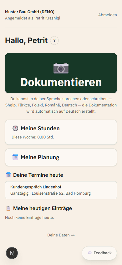 Monteur-Startseite mit dem heutigen Termin in der eigenen Tagesliste